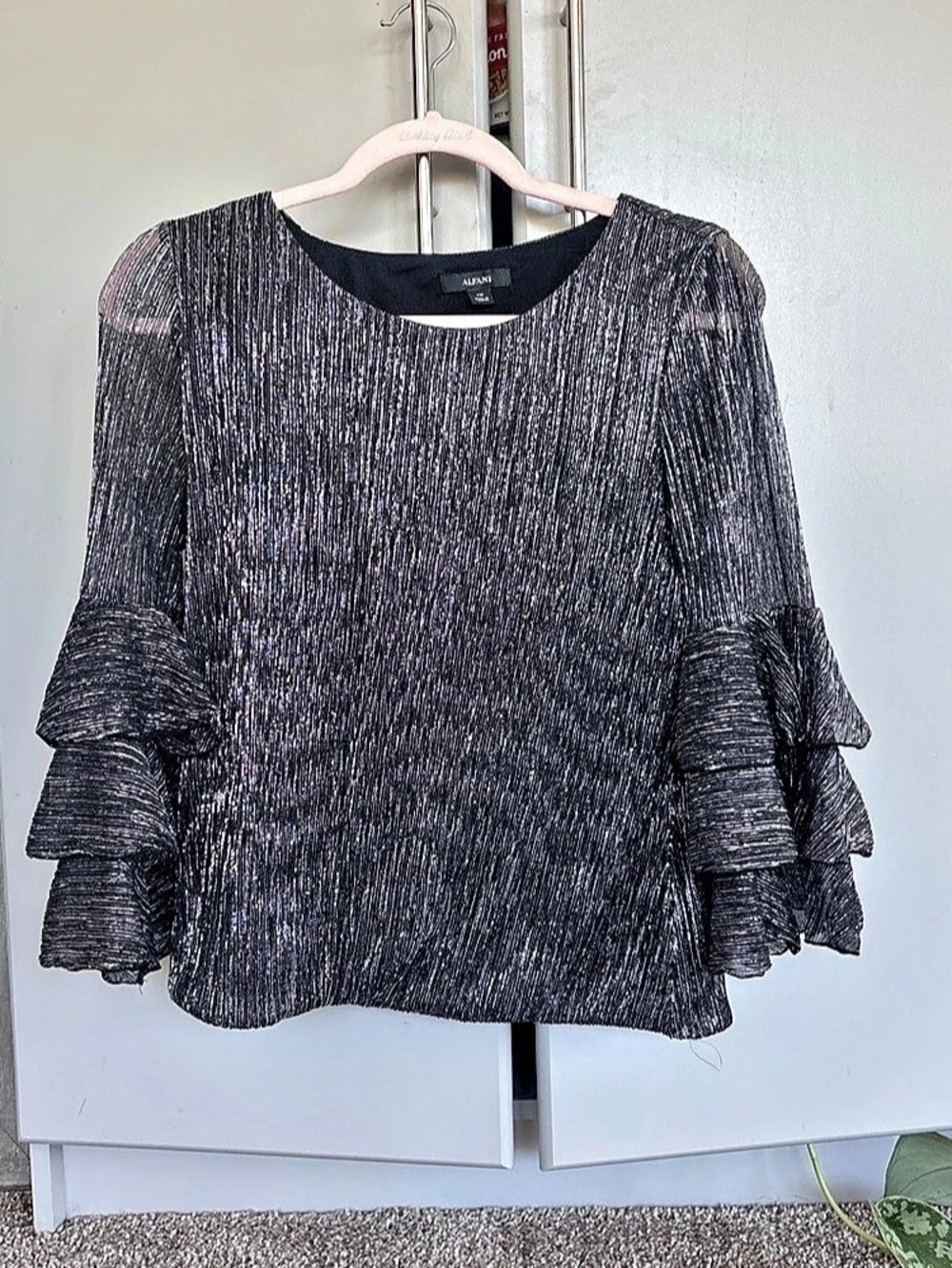 Alfani Metallic Pleated Tiered Sleeve Blouse Black & Silver Medium